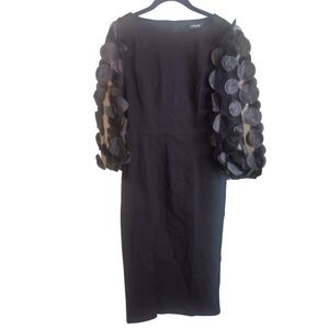 ChicMe Black Midi Dress Women Medium 3D Floral Applique Sheer Puff Sleeve Sheath